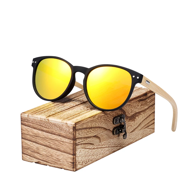 BARCUR Vintage Round Sunglasses Bamboo Temples