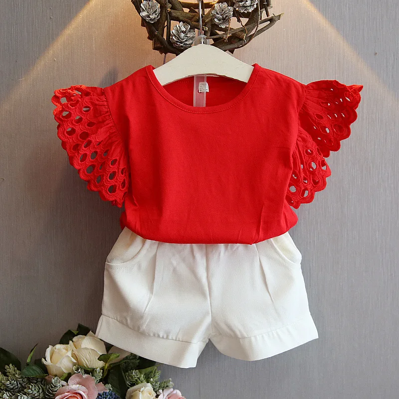 hollow out short sleeve red T-shirt tops+white shorts summer toddler girl clothes set 2019 kid girls outftit children boutique