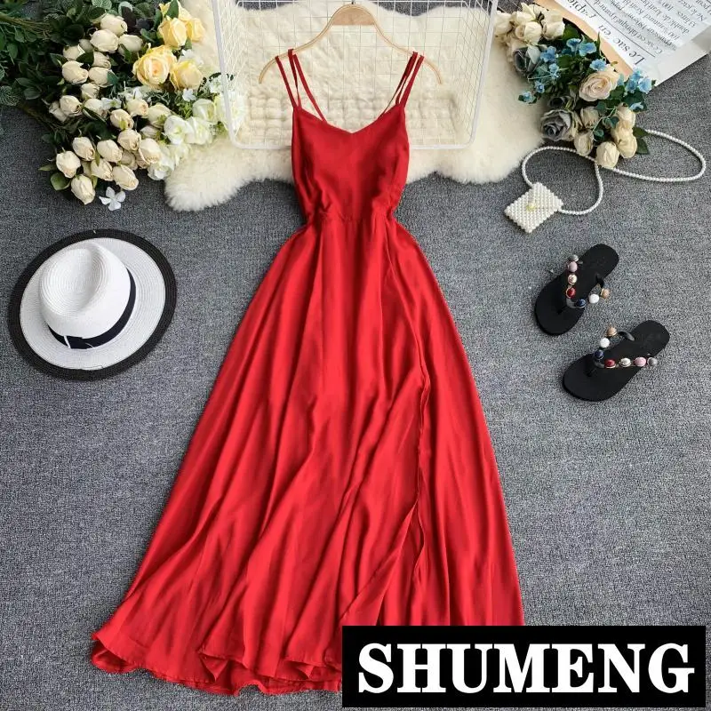 

2019 New Fashion Women's Dresses Holiday Long Suspender Dress V-neck Open Back Cross Waist Slimming Beach For Girls
