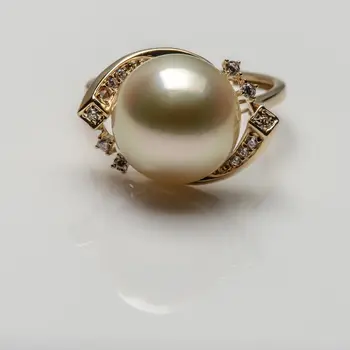 

AAA Gorgeous 12.2mm Round South Sea Cream Pearl Crystal Ring 14k Yellow Gold New
