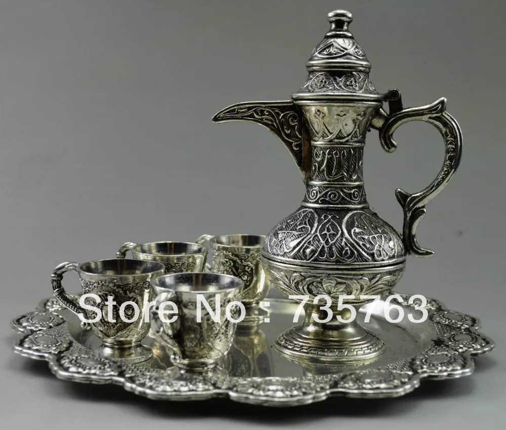 

00433 Collectible Decorated Old Tibet Silver Carved Flower Tea Pot & Cup On Plate Set