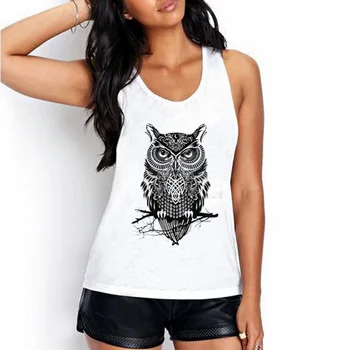 CDJLFH Newest Women White Tank Tops The owl of contemplation Print 20 Colors Women Sleeveless Round Neck Tank Tops BX41-60