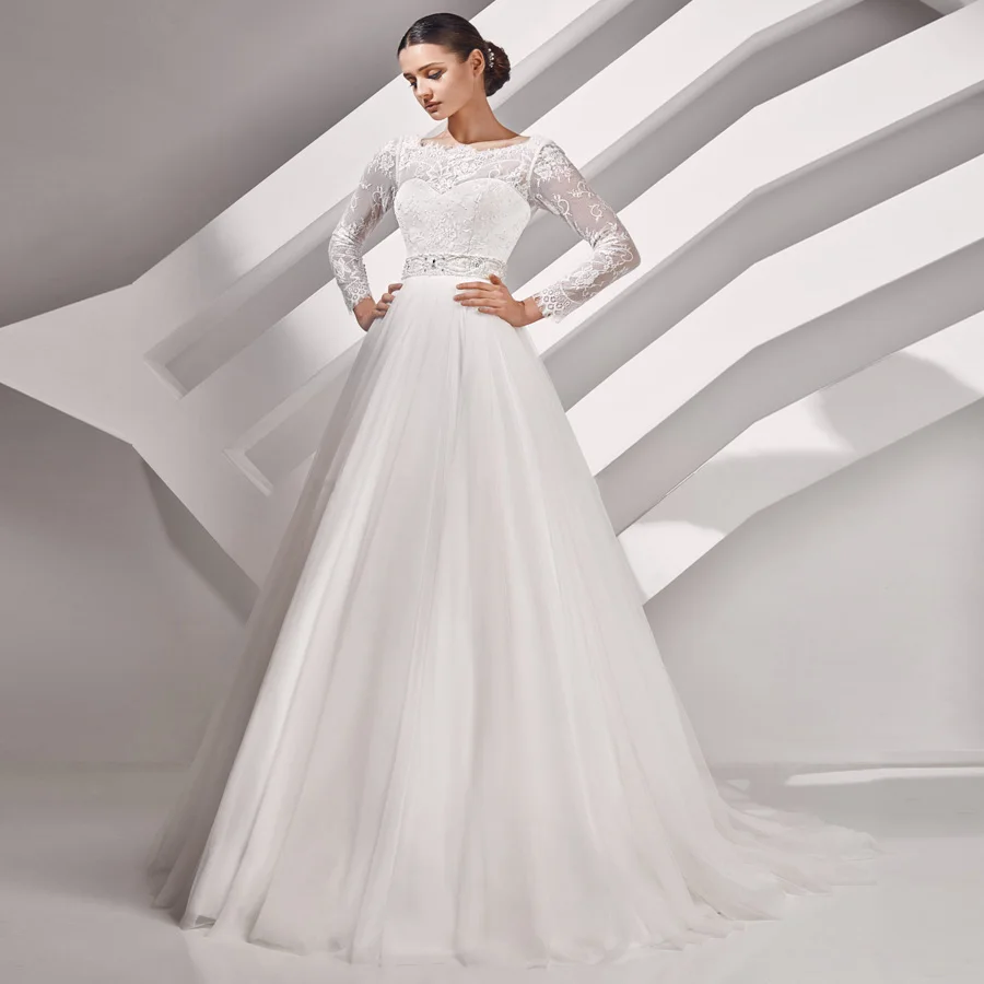 Винтажное кружевное арабское свадебное платье с длинными рукавами, свадебное платье с глубоким вырезом, Тюлевое ТРАПЕЦИЕВИДНОЕ свадебное платье