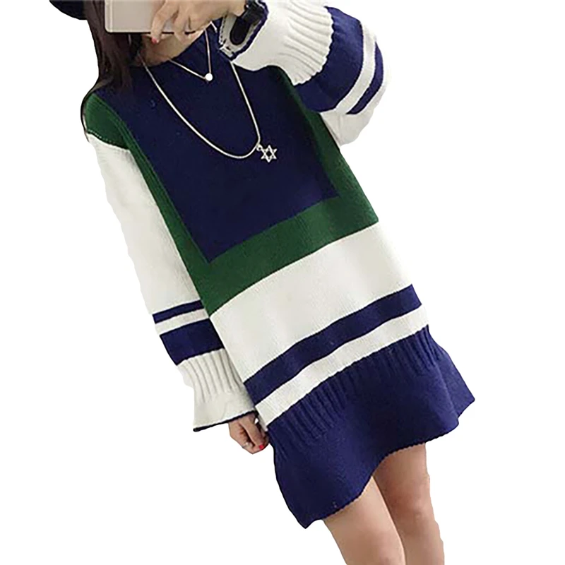 

Korea 2017 New Winter Casual O-Neck Knitted Dress Women Loose Flare Sleeve Fashion Hit Color Pullover Long Sweater Dresses