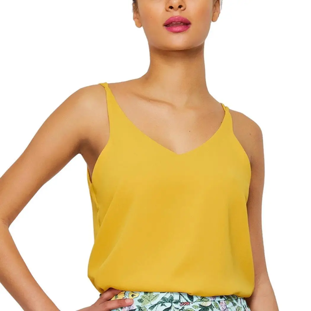 

Women Fashion Casual Solid V Neck Regular Sleeveless Black, Blue, White, Yellow Tank Loose Cami Summer Top