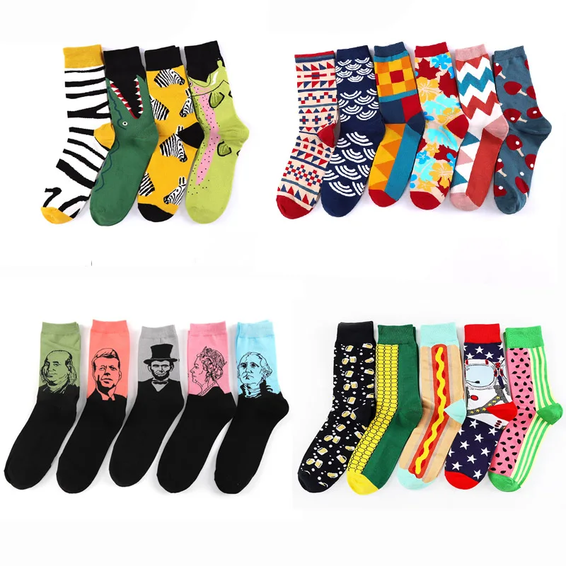 Новый Для мужчин носки Harajuku круто Happy Socks Для мужчин яркие геометрический узор осень-зима хлопковые носки экипажа хип-хоп Смешные Носки