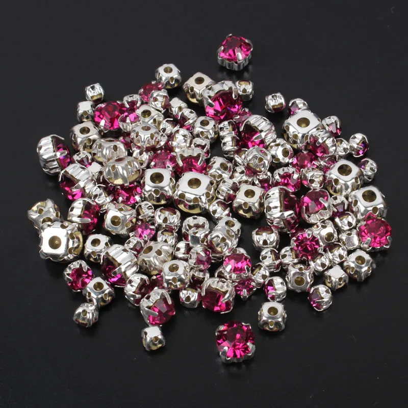 Mix Size 4mm 8mm 120pcs Fuchsia Color Sew on Rhinestones Silver Base Rhinestone For Clothing