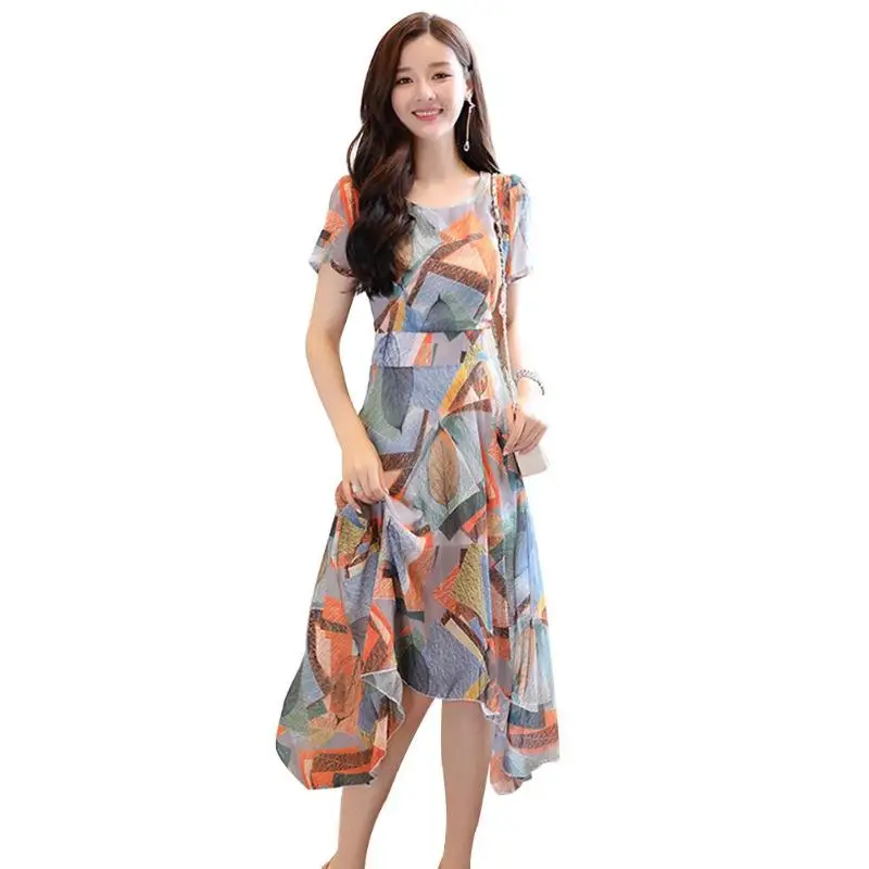 

2019 Elegant Floral Print Dress Women O-neck Splicing Irregular Tunic Dresses Beach Vintage Boho Casual Maxi Dresses
