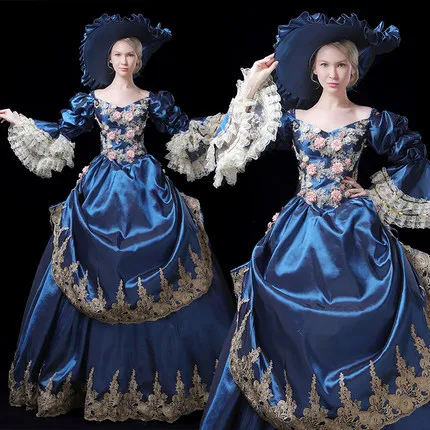 Настоящее Королевский синий рококо вышивка средневековое платье с шляпой Ренессанс платье королевы Виктории/Marie/Belle мяч/драма/бальное платье