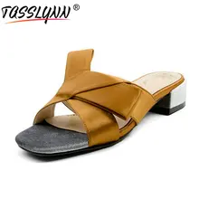 TASSLYNN 2018 Women Slippers Outside Satin PU Square Heels Shoes Woman Summer Women’s Slippers Comfortable Med Heels Shoes
