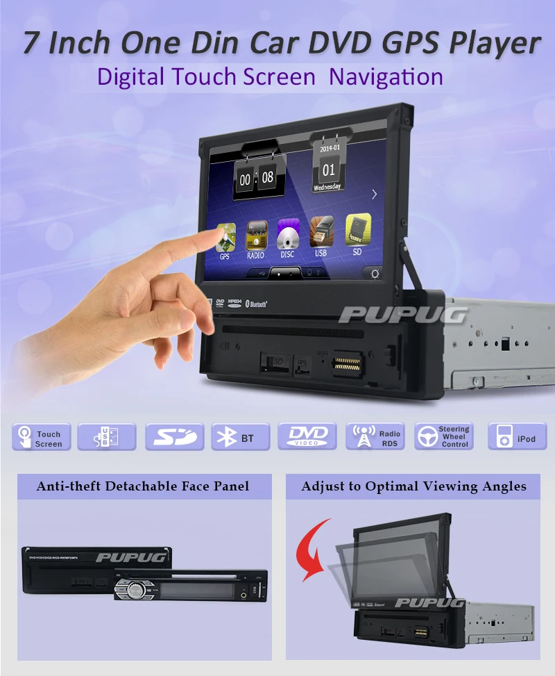 EinCar 7.0 inch Wince System Single 1 Din Car DVD Player Support GPS Navigation/USB/SD Box input/Subwoofer output/Cam-in/Bluetooth/Steering Wheel Control Function/FM/AM Radio Stereo Multimedia Station Navigation System Map+Backup camera