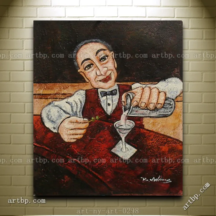 Oil Painting Of Bartender Restaurant Waiter Mixing Drinks Portrait