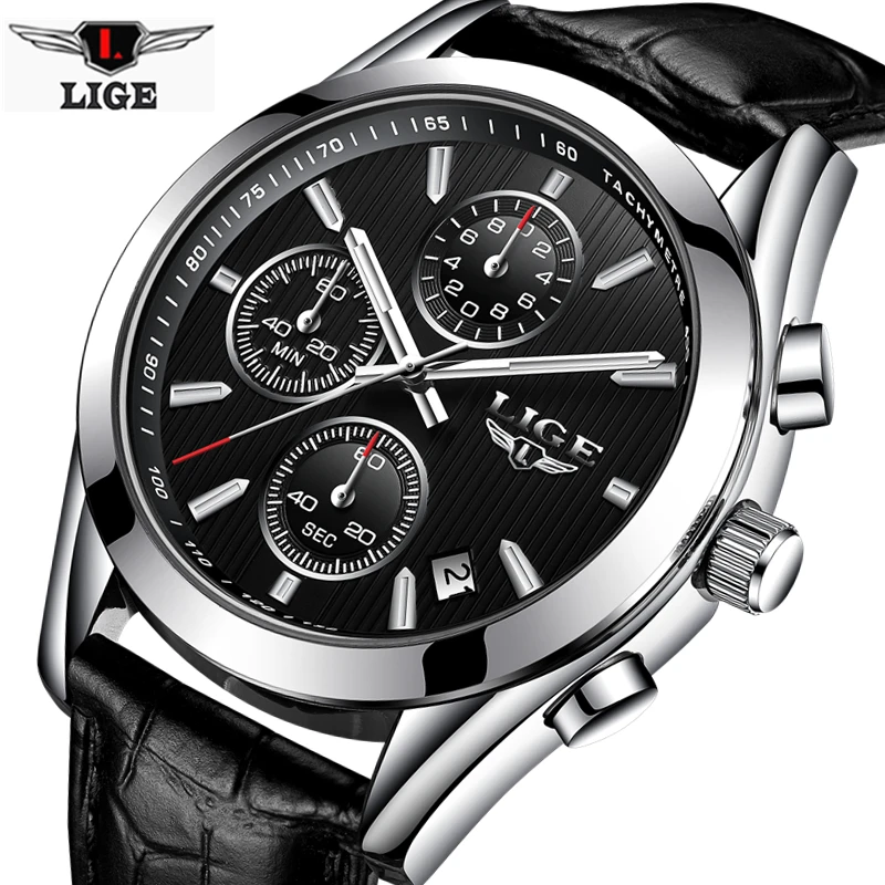 

LIGE Brand Sport Men Watch Luxury Man Chronograph Leather Quartz Military Waterproof WristWatch Men Clock Male relogio masculino