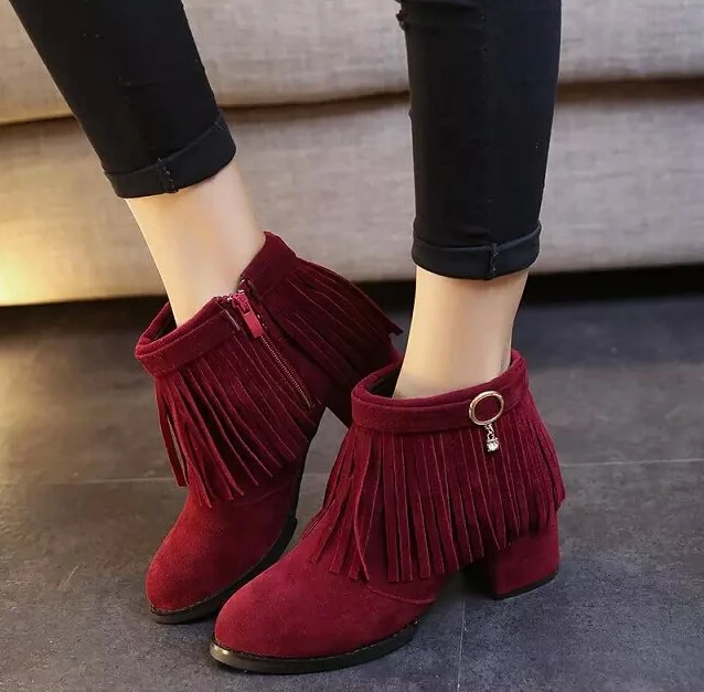 

2017 new Martin boots female fringed boots with side zippers in the rough with British style suede ankle boots high heels shoes