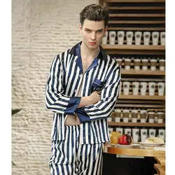 2018 Для мужчин атласные шелковые пижамы комплект синий и белый полосатый с длинным рукавом и штаны Домашняя одежда мужской пикантные