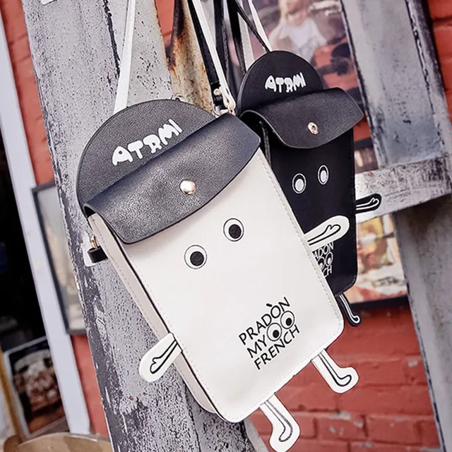 Korean Style Cartoon Robot Phone Bags For Women Mini Lovely Casual Leather Women Messenger Bags Character Funny Bags Ladies