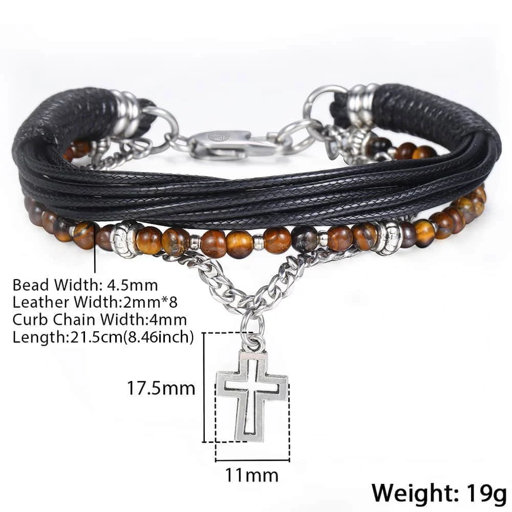 Davieslee Mens Beaded Bracelet Leather Stainless Steel Curb Cuban Chain Cross Pendant Charm 3 Layers Brown Bracelets DDLB71