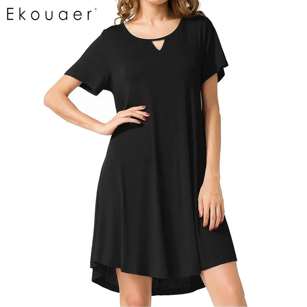 

Ekouaer Short Nightgown Summer Sleepwear Women Solid Hollow Out Short Sleeve V-Neck Soft Basic Home Dress Nightwear
