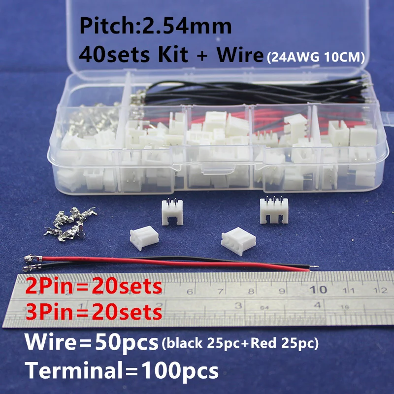 

40 sets Kit & 50pcs 24AWG 10cm wire in box 2p 3p 2.54mm Pitch Terminal / Housing / Pin Header Connector Wire Connectors Adaptor
