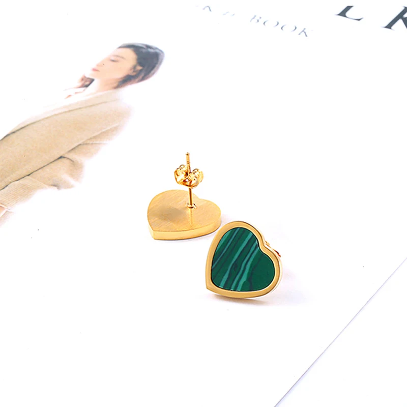 Модные свадебные зеленый камень подвеска-сердце бижутерия Цепочки и ожерелья колье, серьги, набор, подарки для Для женщин леди девушки в Нержавеющая сталь - Окраска металла: Pair Gold Earrings