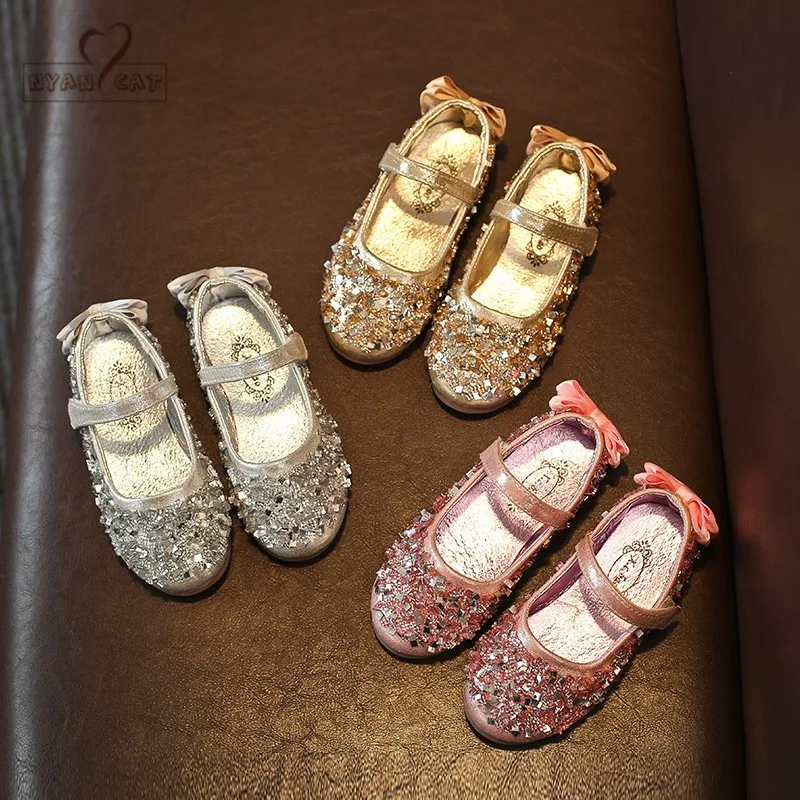

Girls Princess Shoes 2019 New Toddler Autumn Children Bow Shoe Sequins Kids Strap Flats for Girls Dance Party Shoes EU 21~36