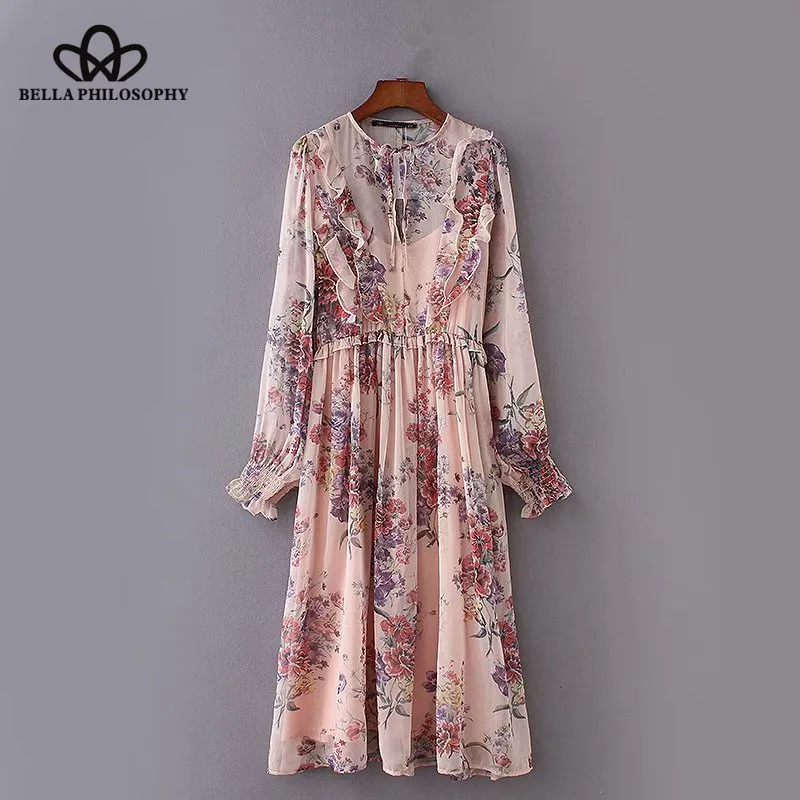 Wonder 2018new autumn long sleeve floral print pleated ruffles long dress female chic bow vestidos two pieces casual party dress