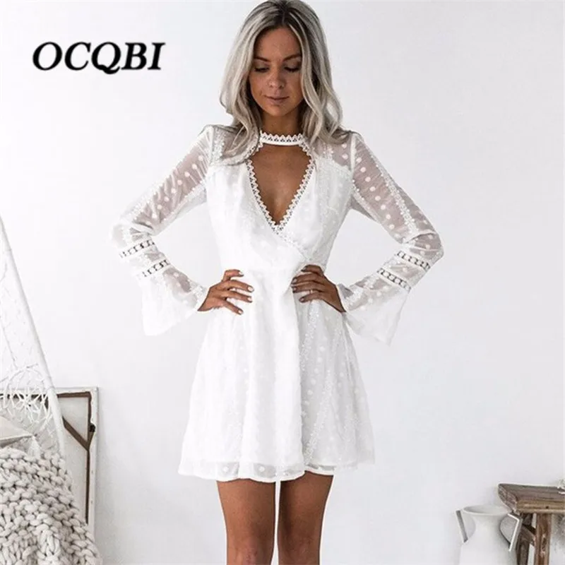 

Plus Size 2018 Summer Women Dot Casual Beach Sundress Sexy Elegant Hollow Out Mini White Dress