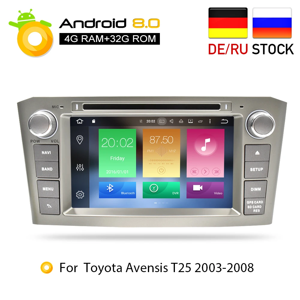 4G RAM Android 8.0Car DVD Stereo Multimedia Headunit For Toyota Avensis/T25 2003-2008 Auto Radio GPS Navigation Video Audio 