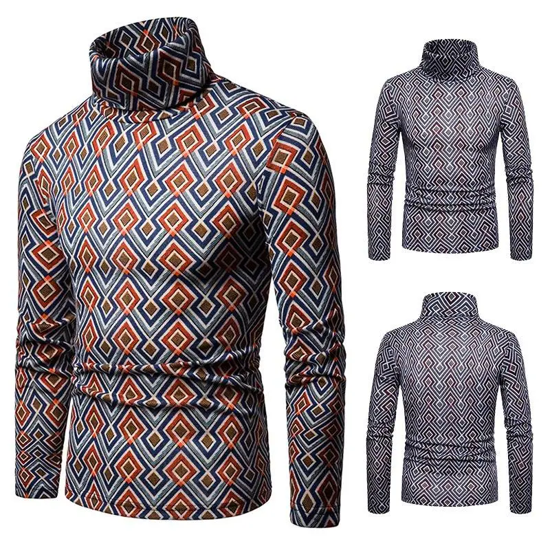 

2019 HOT Men Colorful Geometric Patterns High Collar Mens Pullovers Sweaters,2 Colors Black & Orange, EU Size S~XXL
