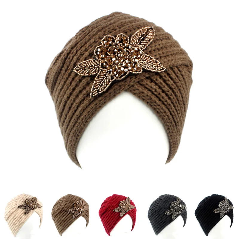 Женские цветочные украшения, зимняя теплая шерстяная вязаная шапка-тюрбан, шапочка для сна, химический головной убор, аксессуары для волос для больных раком