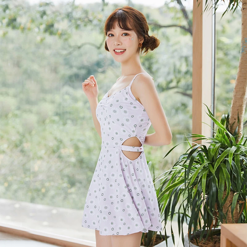 

Independent flat angle Skirt high quality Swimwear Young girl high waist Print One piece swimsuit Small fresh women bathing suit