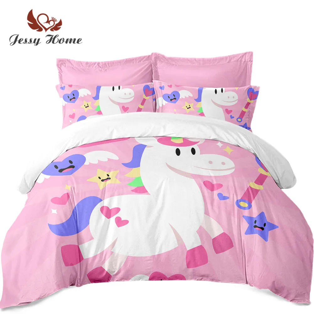 Unicorn Bedding Set Queen Size Pink Duvet Cover White Bed Set