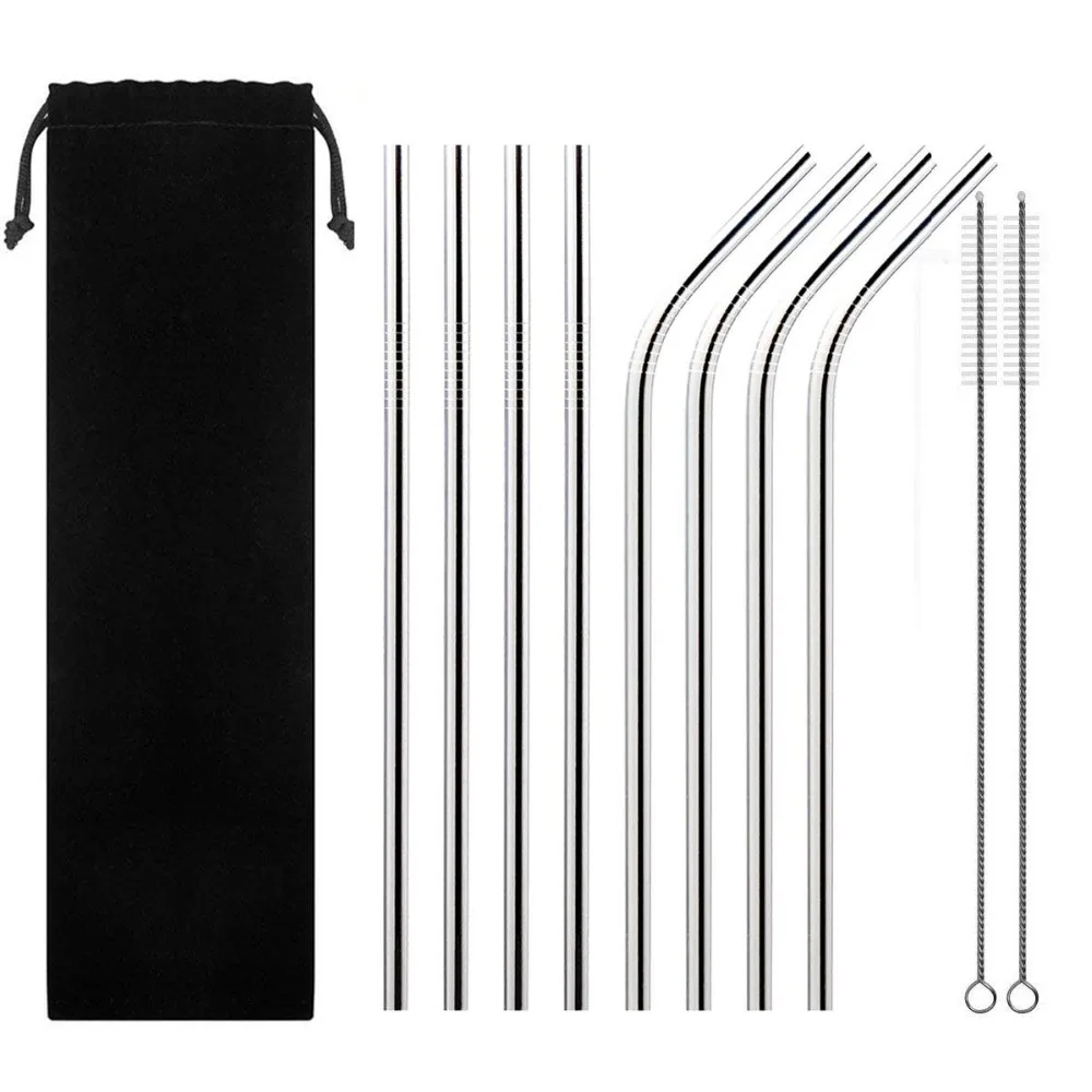 

3/8pcs Eco Friendly Reusable Straw 304 Stainless Steel Straw Metal Smoothies Drinking Straws Set with Brush & Bag Wholesale