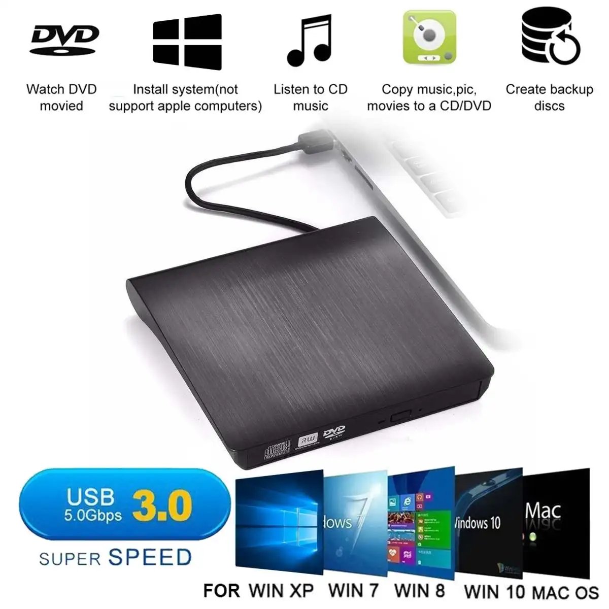 

S SKYEE USB 3.0 Slim External DVD RW CD Writer Drive Burner Reader Player Optical Drives For PC Laptop