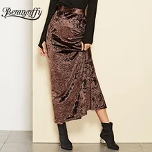 Benuynffy, женские элегантные вечерние юбки из бархата, Осень-зима, Женская Повседневная однотонная длинная юбка макси с разрезом и высокой талией