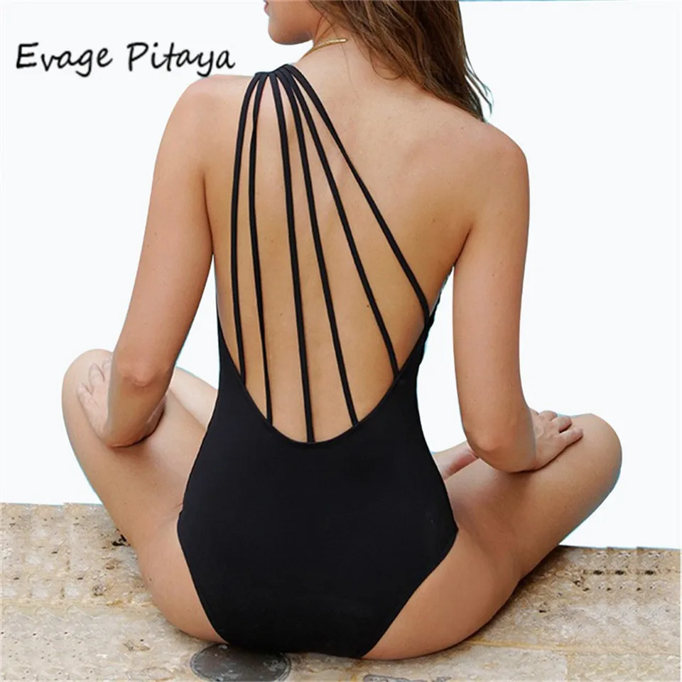 2017 swimsuit black Bandage Vintage One Shoulder Swimsut one piece swimsuit women Cut out Monokini Swim Suits swimwear women