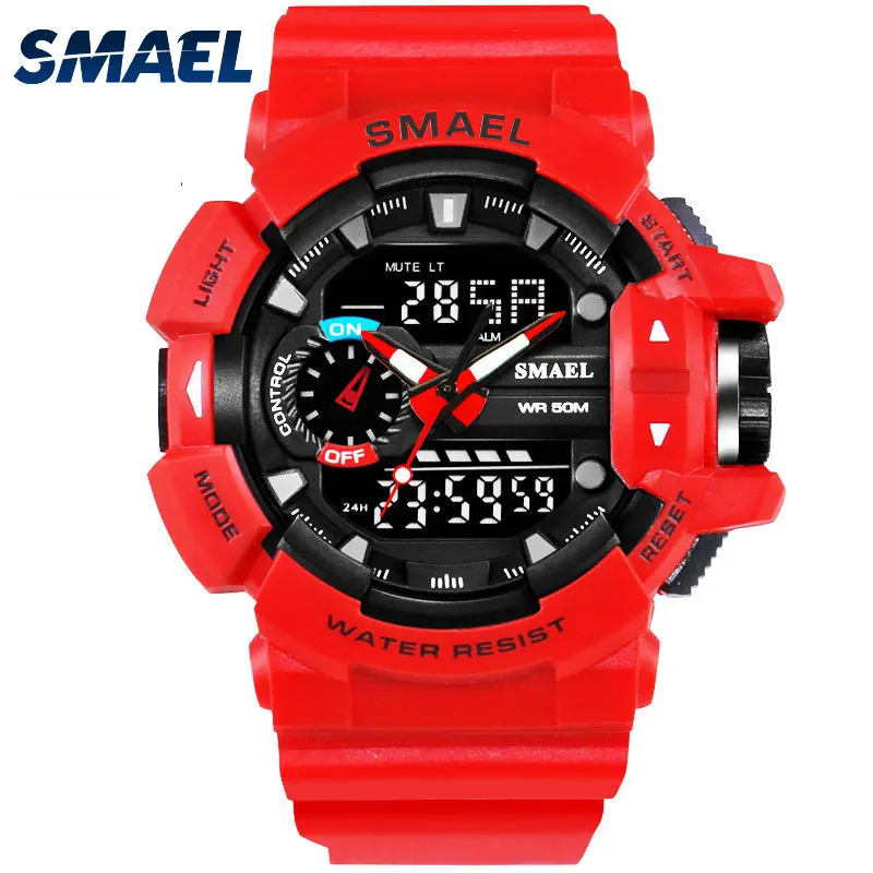 SMAEL Red Sport Clock Men Watches Man 30M Waterproof Watch LED Digital Dual Display Wristwatch relogio