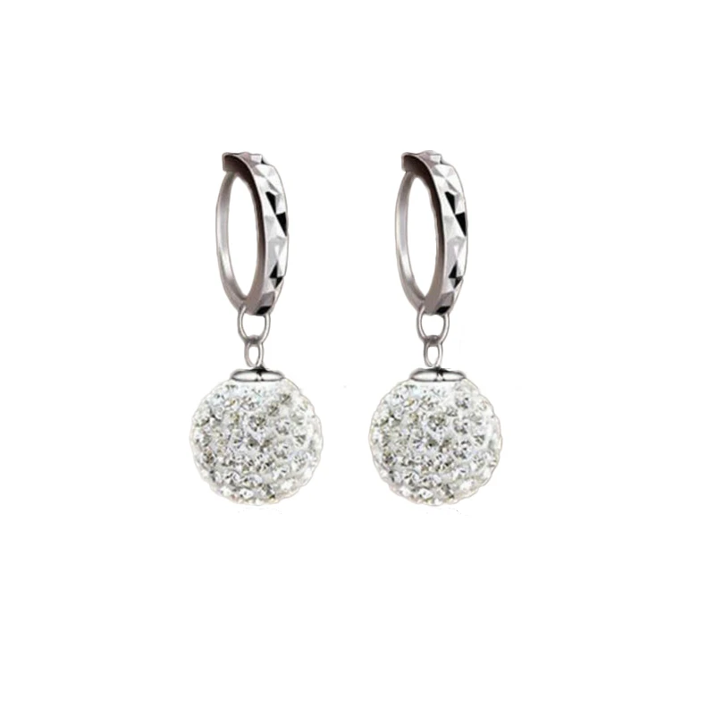 Trendy White Silver Color Small Circle Hoop Crystal Rhinestone Ball Ear Dangle Earrings For