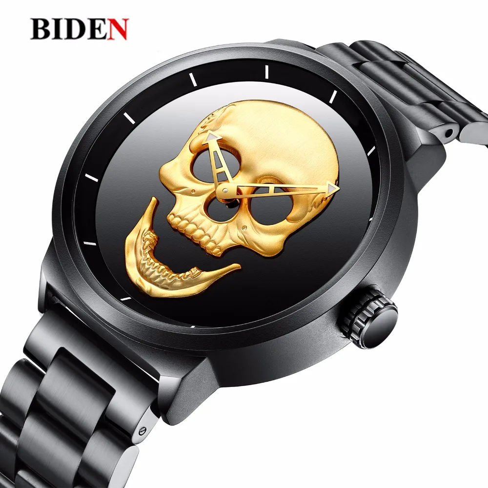 

Skull Mens Quartz BIDEN Watch Fashion 3D Waterproof Luxury Men Watches Stainless Steel Sports Watch Relogio Masculino