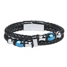 Мода черный/коричневый кожаный браслет с двойным Слои 19/21/23 см Для мужчин Нержавеющая сталь манжеты Браслеты браслеты для мужчин, мужская бижутерия, подарок