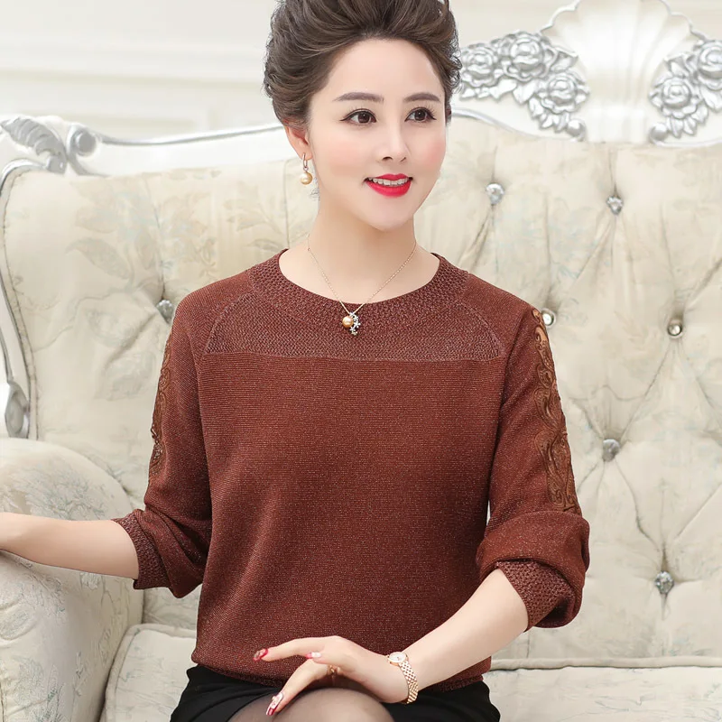 

Middle Aged Women Elegant Long Sleeve O-neck Pullover SweatersFemale Hollow Out Pull Femme Autumn Winter Sweaters Plus Size