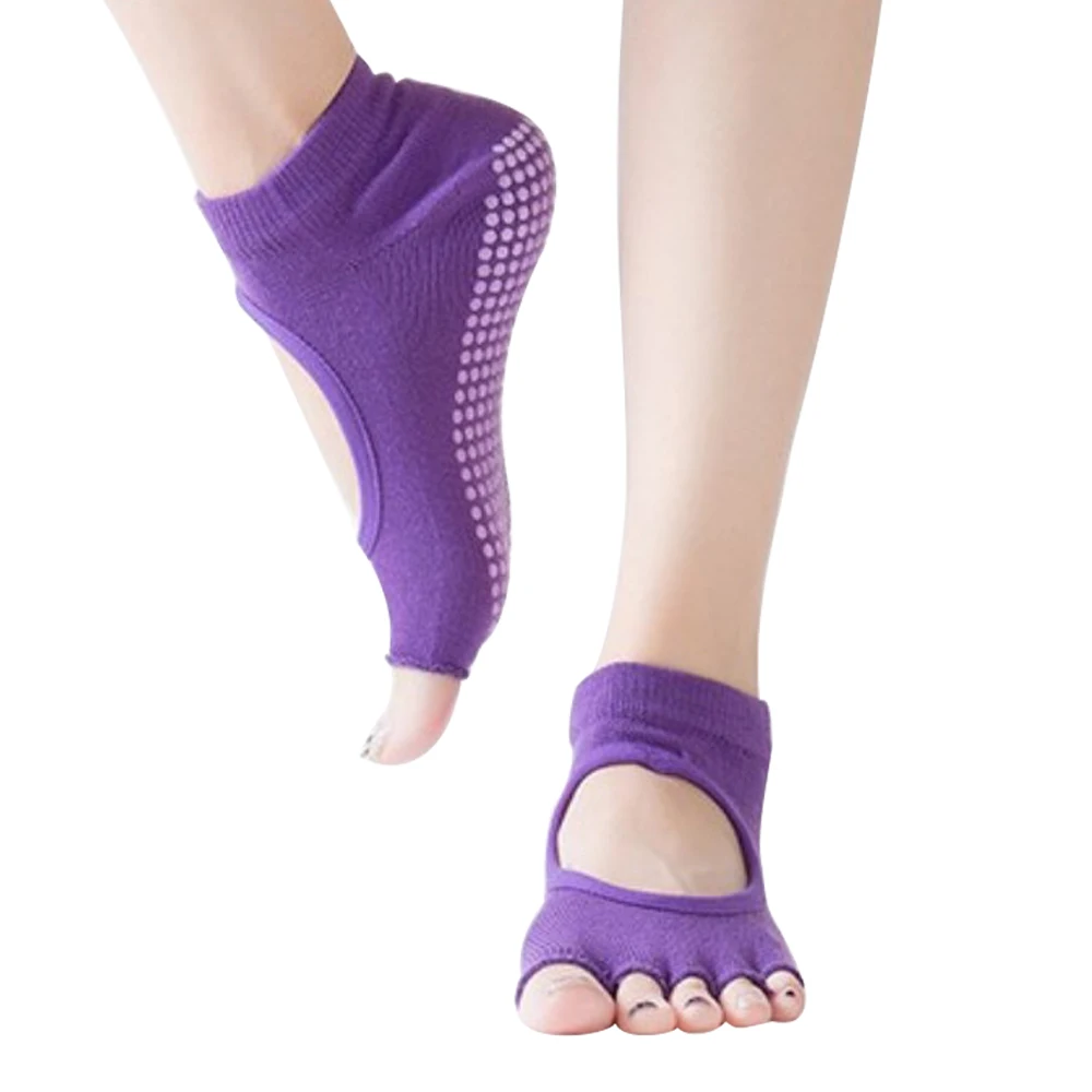 Женские спортивные носки, носки для йоги, танцев, тренажерного зала, фитнеса, пилатеса, без пальцев, с отверстиями, Нескользящие, хлопковые чулки, носки - Цвет: Dark Purple