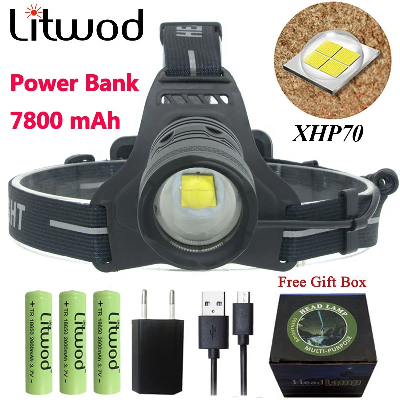 Z20 Litwod 2808 32 Вт Головной фонарь XHP70 мощный светодиодный налобный 42920lum светильник с