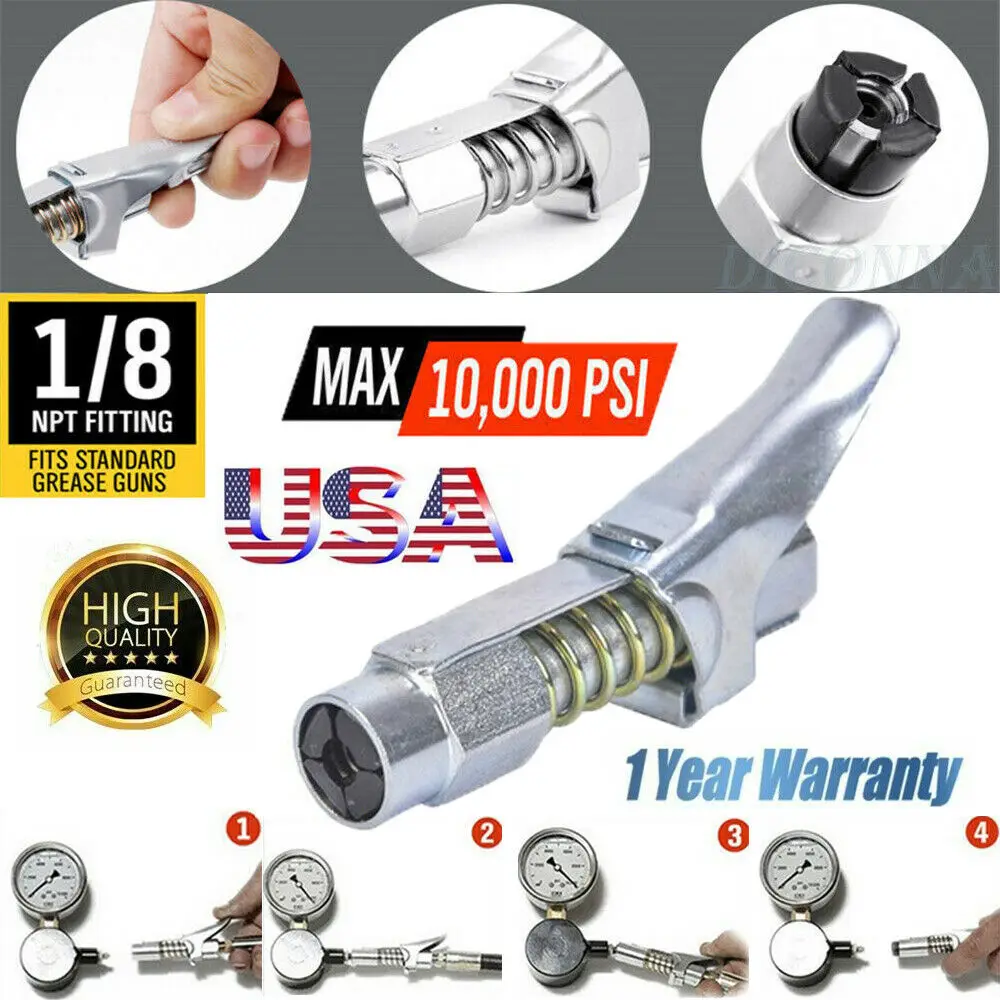 

1/8NPT Grease Gun Coupler locks onto Zerk 10000 PSI fittings Grease Coupler Fitting Tip Lock-on MFS Goes In Not On The Lube Tool