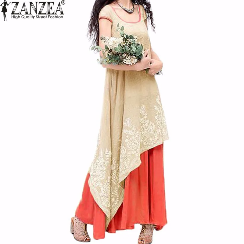 Винтажное женское платье ZANZEA, летнее повседневное свободное платье с круглым вырезом и коротким рукавом, длинное платье макси с вышивкой размера плюс S-5XL