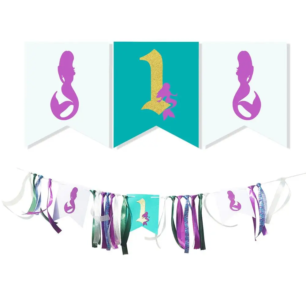 

Unicorn Mermaid Flamingo Pineapple Turtle Leaf Wedding Dining Chair Pull Flag Print Ribbon 1 Years Birthday Party Decoration