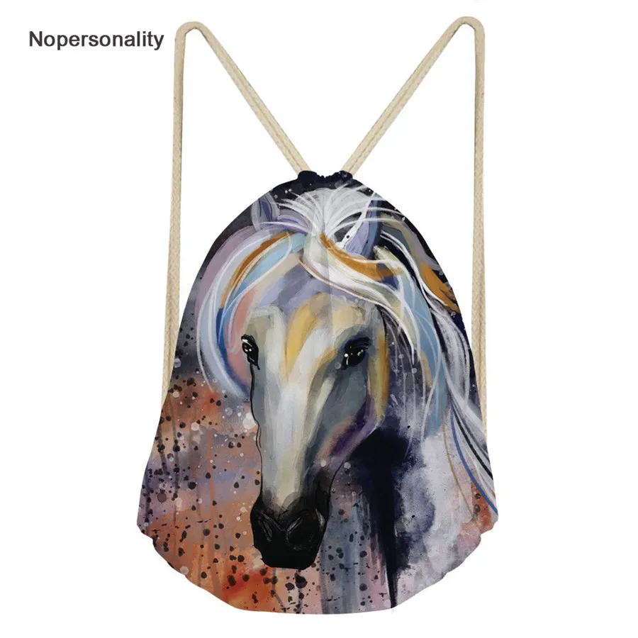 Nopersonality Cool 3d Crazy Horse Print Drawstring Bags Small Mini Women Travel Beach Softback Classic Kids School Bagpacks