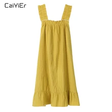 Caiyier Sleeveless Ruffled Hem Women Nightgown Summer Night Dress Sexy Casual Sleepwear Ladies Cotton Square Collar Dresses vintage round collar ruffled stripe flouncing sleeveless women s dress