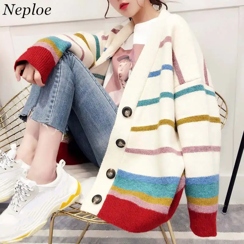 

Neploe Rainbow Stripe Sweater Cardigan 2019 Women Autumn Oversize Knit Top Single Breasted Warm Loose Korean Knitted Coat 36600