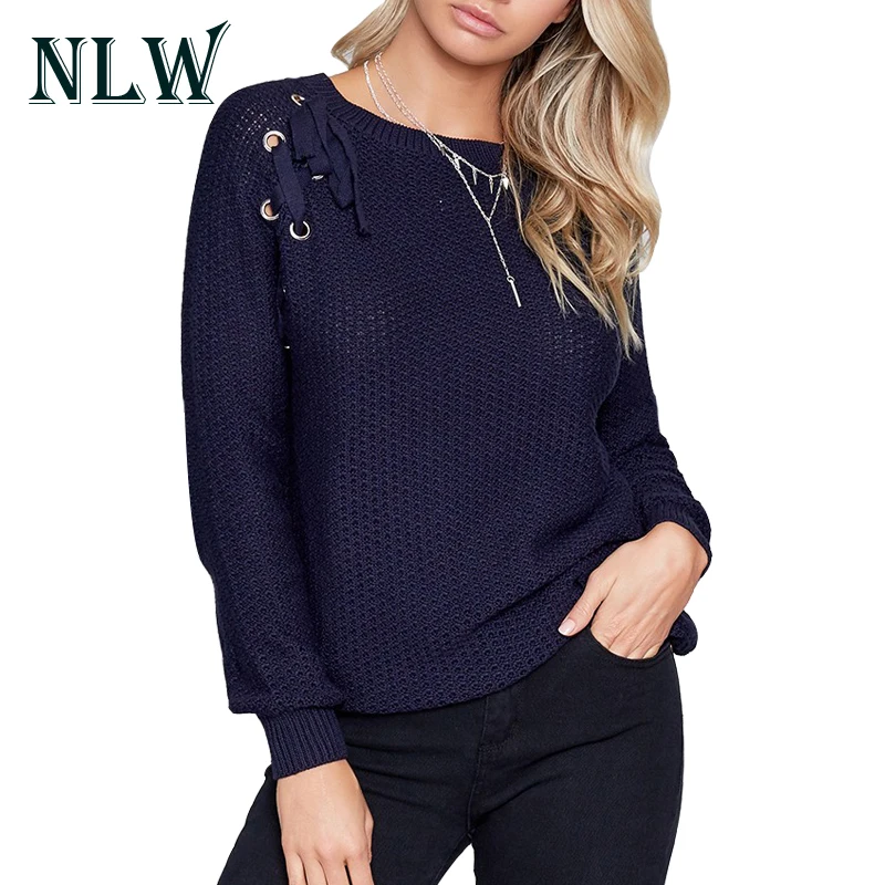 

NLW Fashion Lace Up Women White Sweater Autumn Winter Warm Pullovers Knitted Sweaters 2017 O-Neck Casual Lady Long Sleeve Jumper
